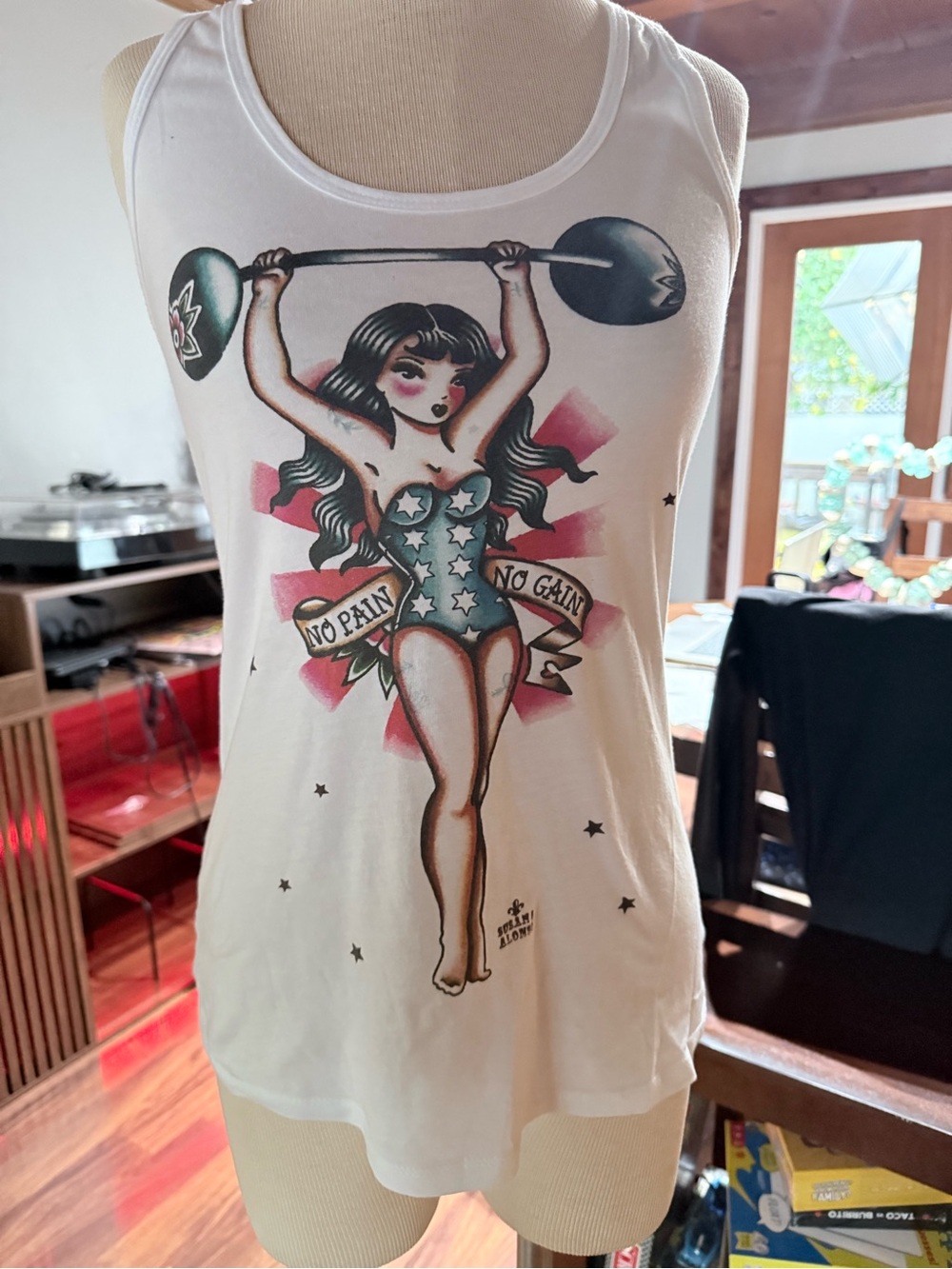 White Graphic Tank Top with Pin-Up Weightlifter Print